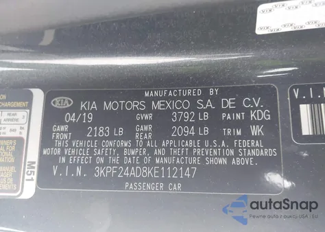 2019 Kia Forte Lxs z USA, uszkodzony, nr VIN 3KPF24AD8KE112147